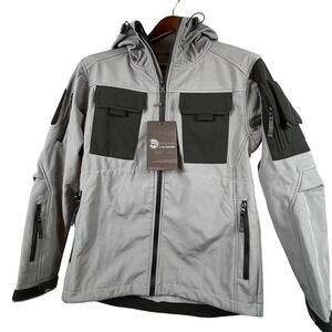 Tactical Softshell Jacket YINREN Mens L Hooded Utility Pockets Gray Black NWT